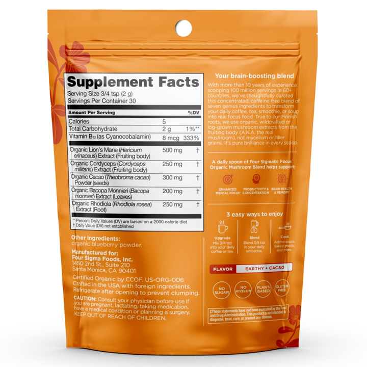 The back of an orange stand-up pouch package, showing the Supplement Facts panel, ingredients list, benefits, and flavor information for Four Sigmatic Focus Nutrient Dense Cacao Powder.