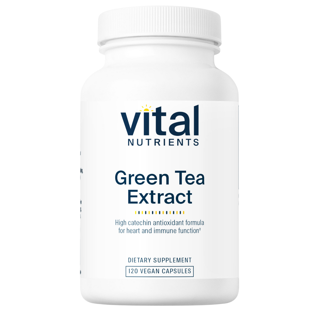 A white plastic bottle of Vital Nutrients Green Tea Extract dietary supplement, featuring a clean white label with dark blue text and a small yellow sun graphic.