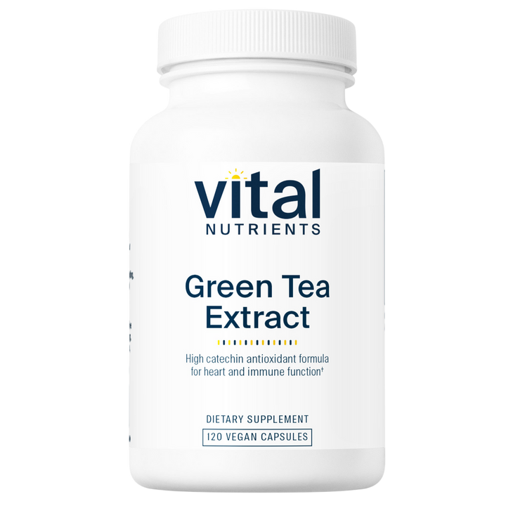 A white plastic bottle of Vital Nutrients Green Tea Extract dietary supplement, featuring a clean white label with dark blue text and a small yellow sun graphic.