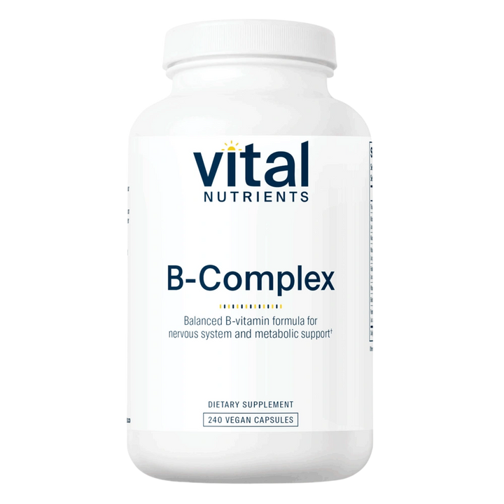 A white plastic bottle of Vital Nutrients B-Complex dietary supplement, featuring a clean white label with dark blue text and a small yellow sun icon, set against a plain white background.