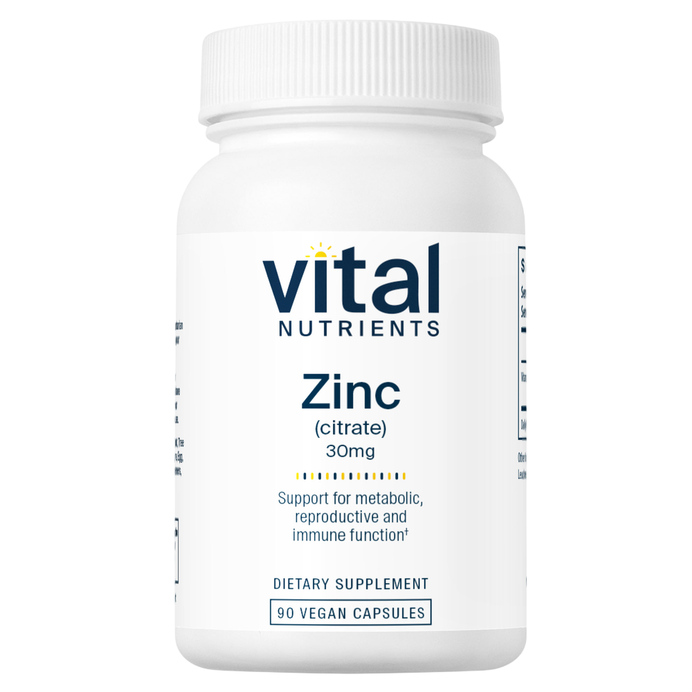 A white plastic bottle of Vital Nutrients Zinc dietary supplement, 30mg, with a white ribbed cap and a clean white label featuring dark blue text.