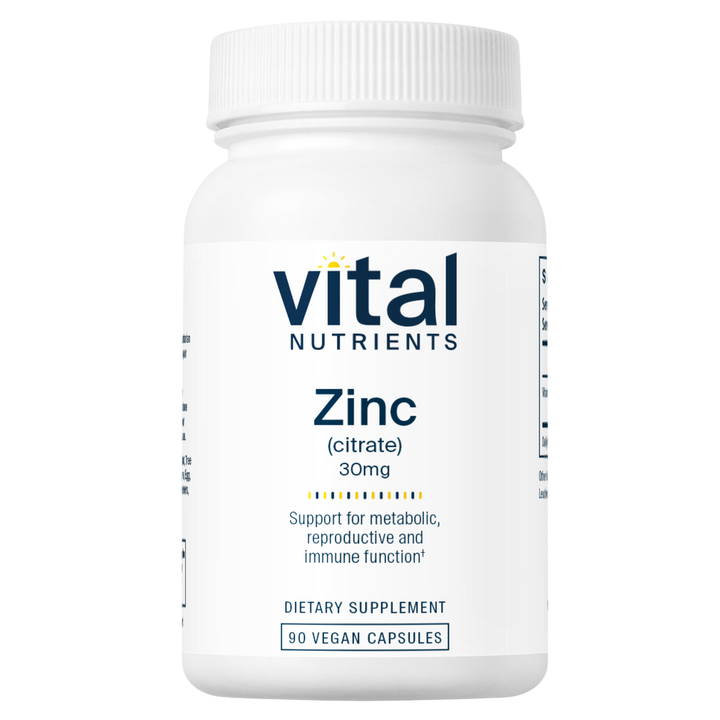 A white plastic bottle of Vital Nutrients Zinc dietary supplement, 30mg, with a white ribbed cap and a clean white label featuring dark blue text.
