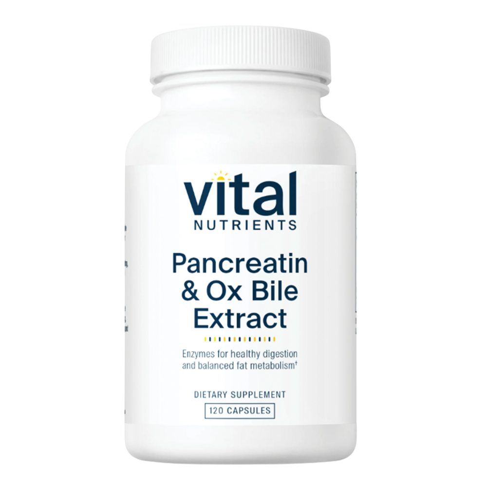 Vital Nutrients Pancreatin &amp; Ox Bile Extract supplement bottle on a white background