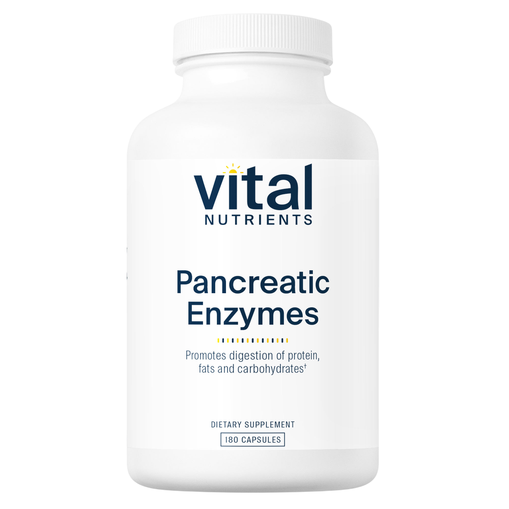A white plastic bottle of Vital Nutrients Pancreatic Enzymes dietary supplement with a white cap, shown on a solid white background.