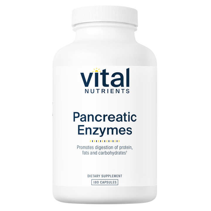 A white plastic bottle of Vital Nutrients Pancreatic Enzymes dietary supplement with a white cap, shown on a solid white background.