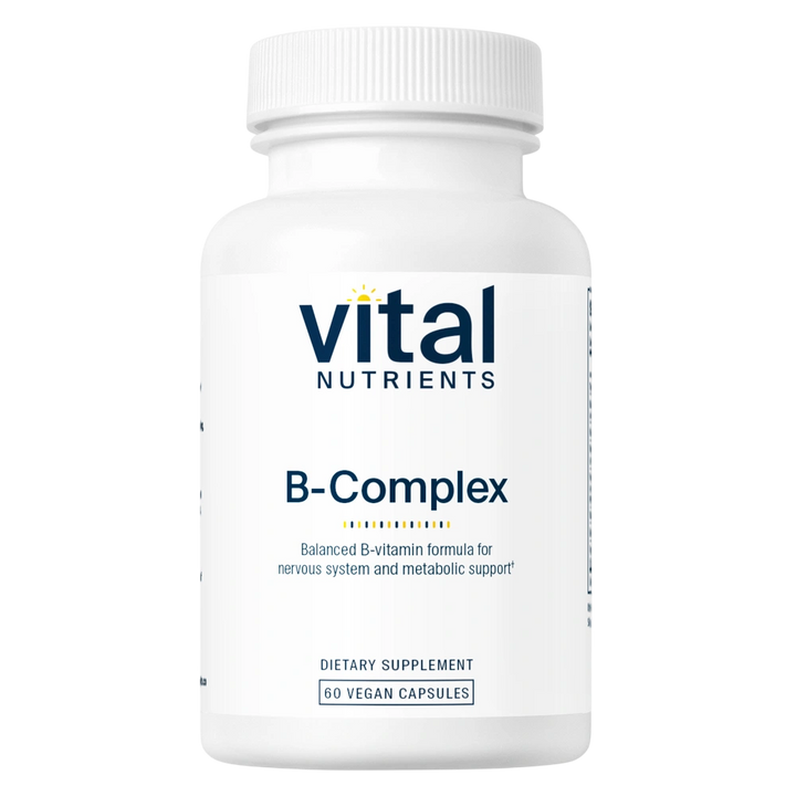 A white plastic bottle of Vital Nutrients B-Complex dietary supplement with a white ribbed cap, featuring a clean white label with navy blue text and a small yellow sun icon.