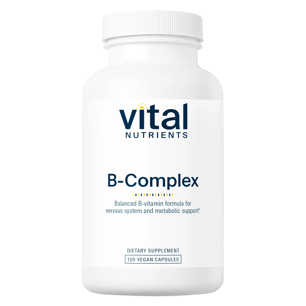 A white plastic bottle of Vital Nutrients B-Complex dietary supplement with a white cap, shown on a clean white background.