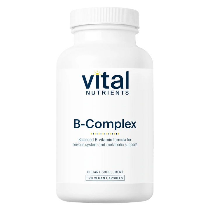 A white plastic bottle of Vital Nutrients B-Complex dietary supplement with a white cap, shown on a clean white background.