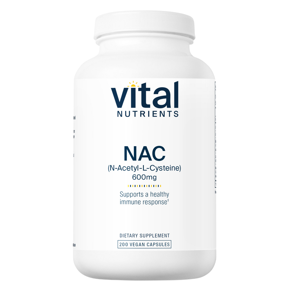 A white plastic bottle of Vital Nutrients NAC dietary supplement, 600mg, containing 200 vegan capsules, shown on a solid white background.