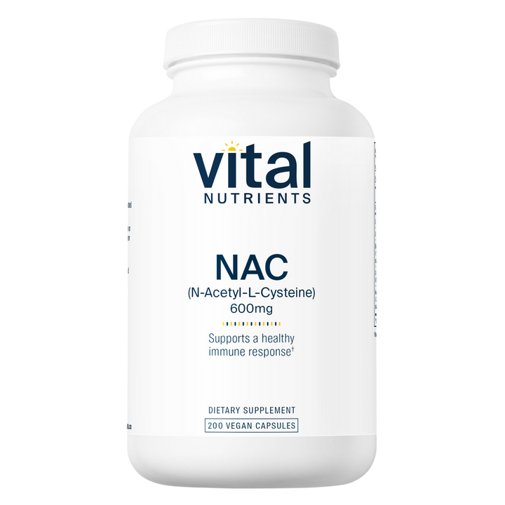 A white plastic bottle of Vital Nutrients NAC dietary supplement, 600mg, containing 200 vegan capsules, shown on a solid white background.
