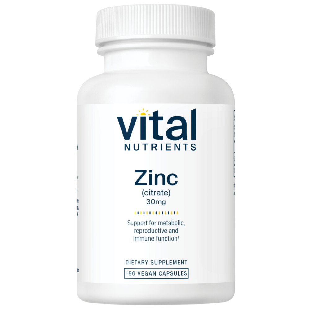 A white plastic bottle of Vital Nutrients Zinc (citrate) 30mg dietary supplement, featuring a clean white label with dark blue text and a small yellow sun logo.