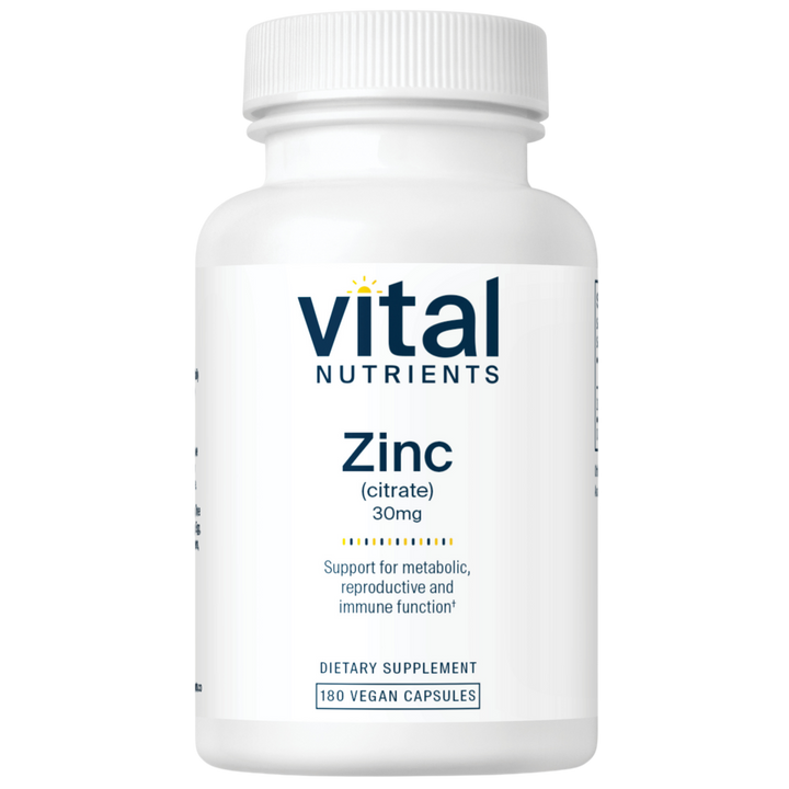 A white plastic bottle of Vital Nutrients Zinc (citrate) 30mg dietary supplement, featuring a clean white label with dark blue text and a small yellow sun logo.