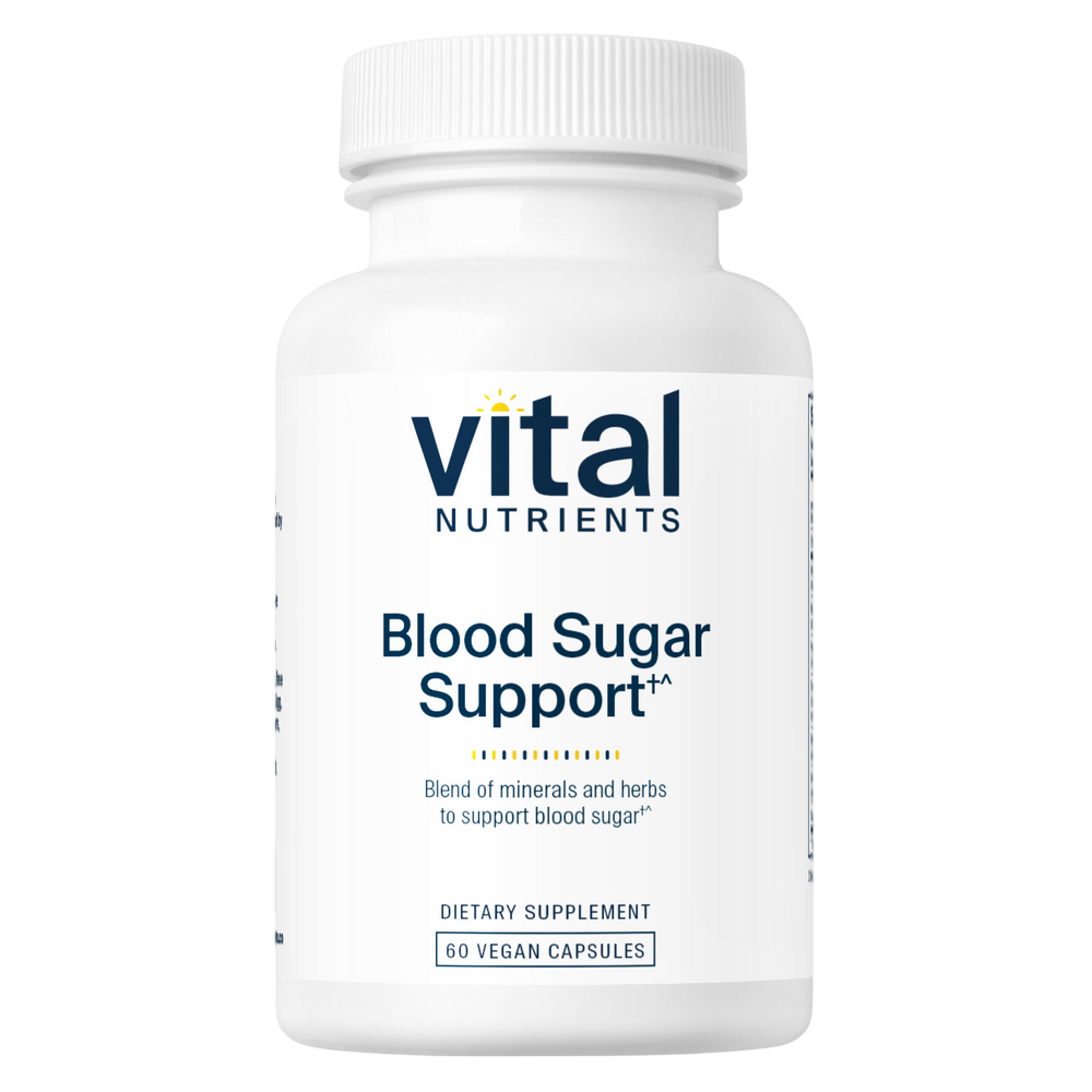A white plastic bottle of Vital Nutrients Blood Sugar Support dietary supplement, featuring a clean white label with navy blue text and a small yellow sun icon, set against a plain white background.