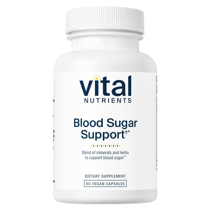 A white plastic bottle of Vital Nutrients Blood Sugar Support dietary supplement, featuring a clean white label with navy blue text and a small yellow sun icon, set against a plain white background.