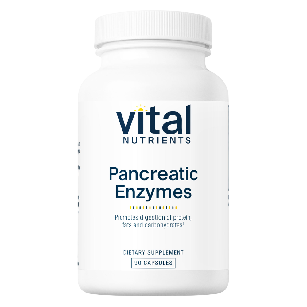 A white plastic bottle of Vital Nutrients Pancreatic Enzymes dietary supplement with a white cap, featuring a clean white label with blue text and a small yellow accent.