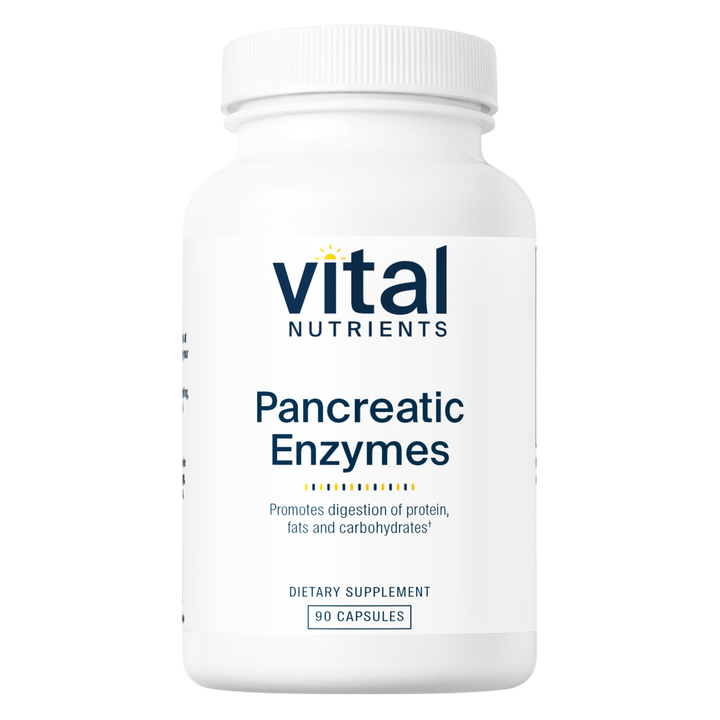 A white plastic bottle of Vital Nutrients Pancreatic Enzymes dietary supplement with a white cap, featuring a clean white label with blue text and a small yellow accent.