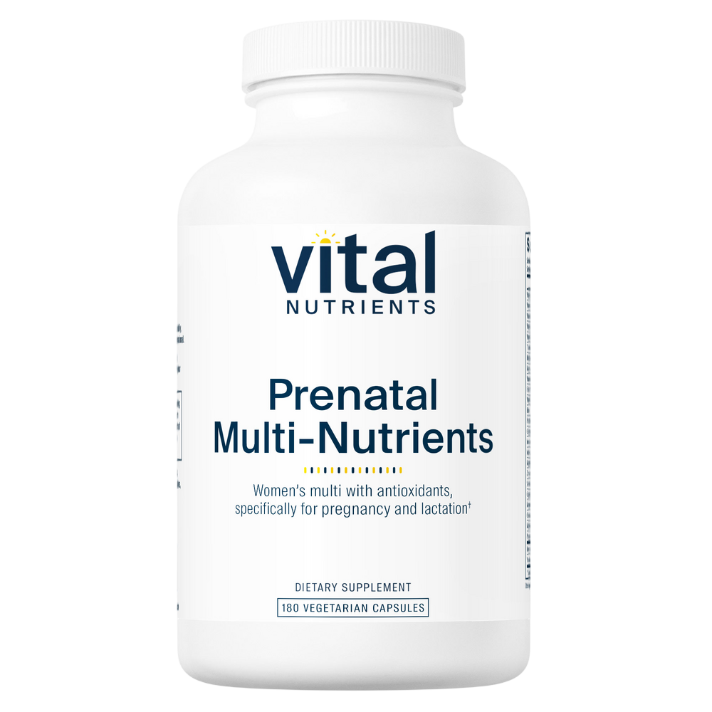 A white plastic bottle of Vital Nutrients Prenatal Multi-Nutrients dietary supplement, featuring a clean white label with dark blue text and a small yellow sun icon.
