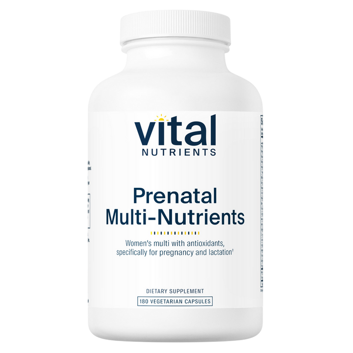 A white plastic bottle of Vital Nutrients Prenatal Multi-Nutrients dietary supplement, featuring a clean white label with dark blue text and a small yellow sun icon.