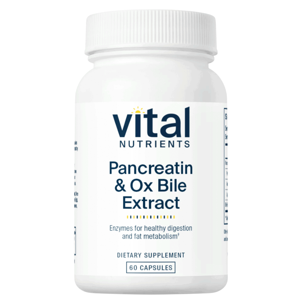 A white bottle of Vital Nutrients Pancreatin & Ox Bile Extract dietary supplement, 60 capsules, shown on a solid white background.