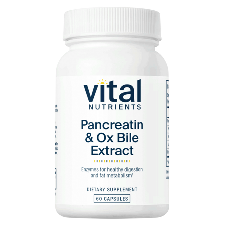 A white bottle of Vital Nutrients Pancreatin &amp; Ox Bile Extract dietary supplement, 60 capsules, shown on a solid white background.