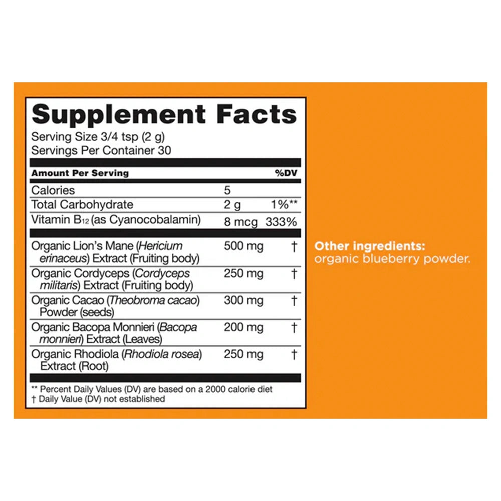 A supplement facts label with a white background and black text, shown on an orange background with a side note reading &