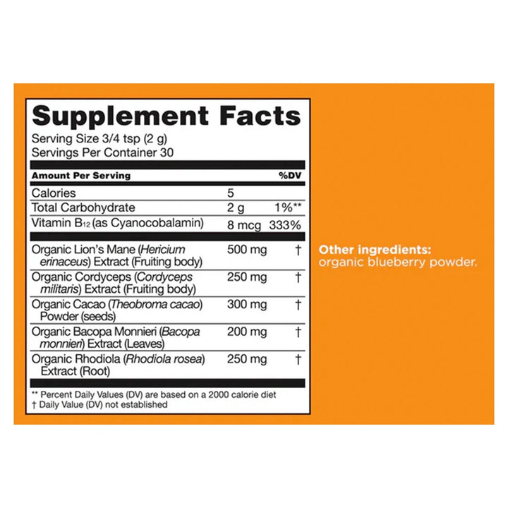 A supplement facts label with a white background and black text, shown on an orange background with a side note reading &