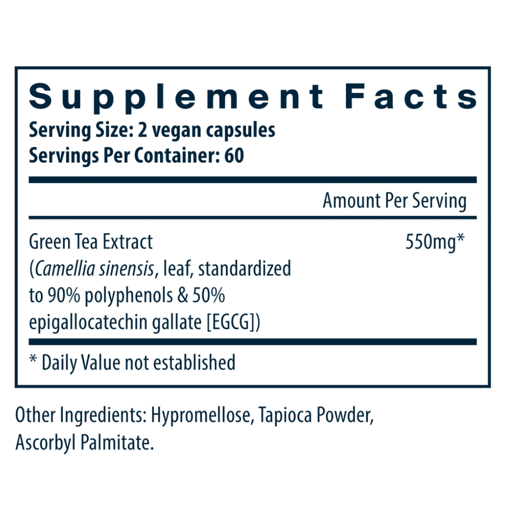 A Supplement Facts label for a green tea extract supplement, showing serving size, servings per container, amount per serving (550mg), and other ingredients listed below on a white background.