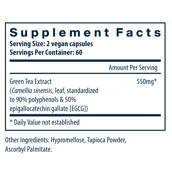 A Supplement Facts label for a green tea extract supplement, showing serving size, servings per container, amount per serving (550mg), and other ingredients listed below on a white background.