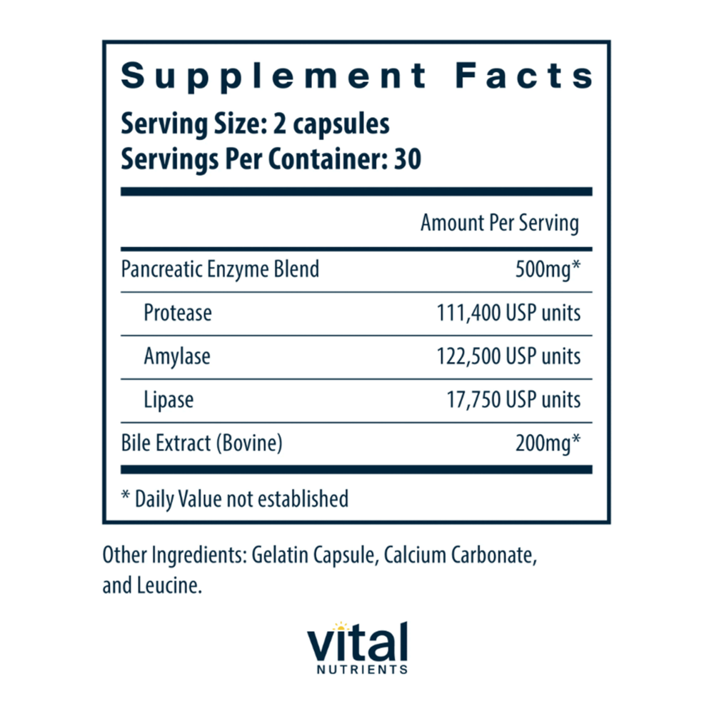 Supplement Facts label for Vital Nutrients Pancreatic Enzyme Blend, showing serving size of 2 capsules, 30 servings per container, and listed ingredients including gelatin capsule, calcium carbonate, and leucine on a white background.