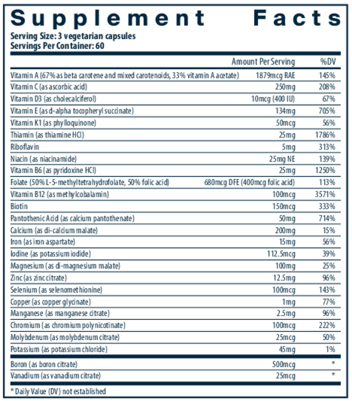 A Supplement Facts label showing a list of vitamins and minerals with serving size 3 vegetarian capsules and 60 servings per container.