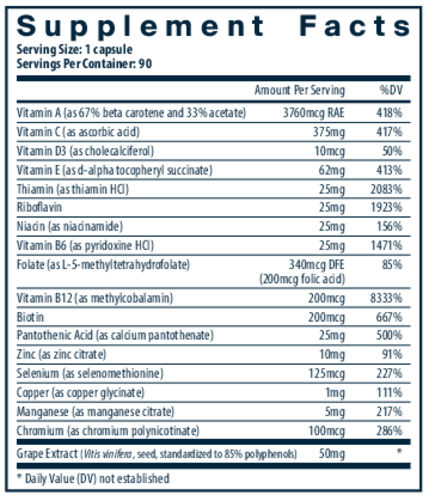 A close-up of a supplement facts label showing a list of vitamins and minerals with amounts per serving and daily value percentages on a white background.