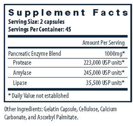 A Supplement Facts label showing pancreatic enzyme blend and protease, amylase, and lipase amounts per serving in a table format.