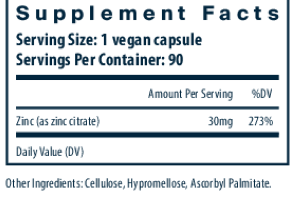 A supplement facts label showing serving size 1 vegan capsule, 90 servings per container, with zinc as zinc citrate at 30mg and 273% DV. Other ingredients listed: cellulose, hypromellose, ascorbyl palmitate.