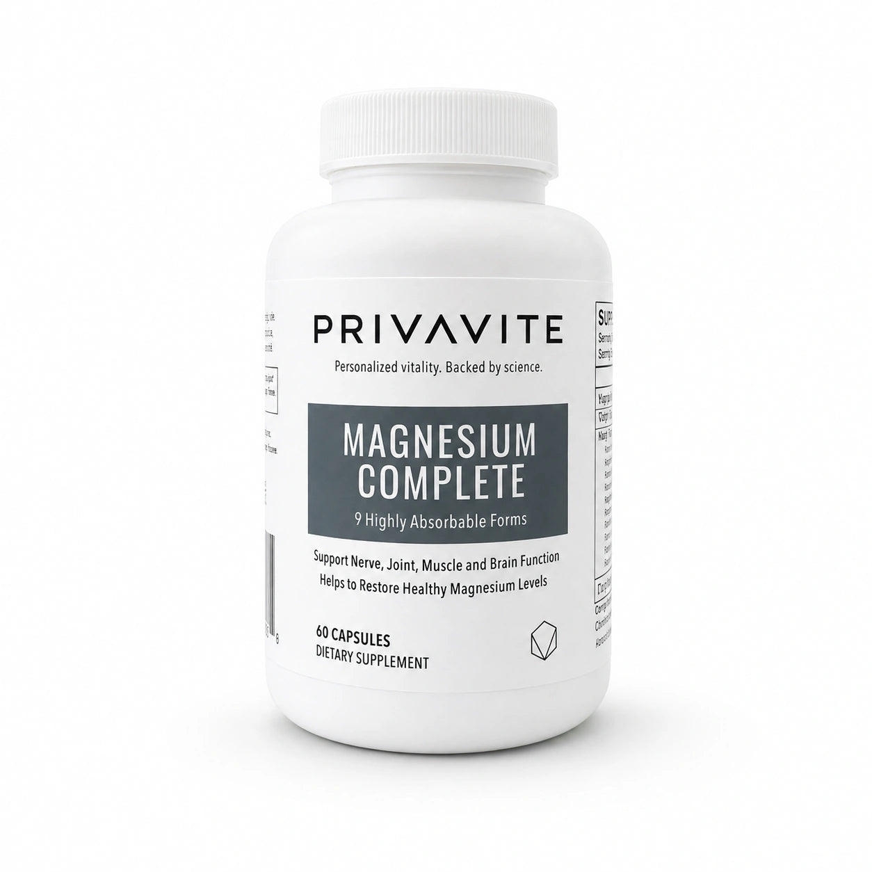 A white plastic bottle of PRIVAVITE Magnesium Complete dietary supplement with a ribbed white cap, shown on a seamless white background.
