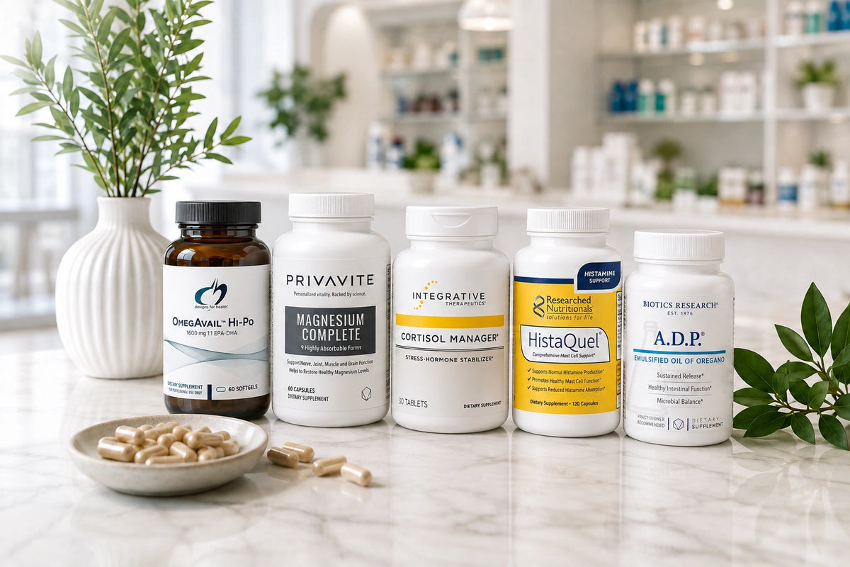 Professional-grade dietary supplements from Designs for Health, Privavite, Integrative Therapeutics, Researched Nutritionals, and Biotics Research displayed in a pharmacy setting.