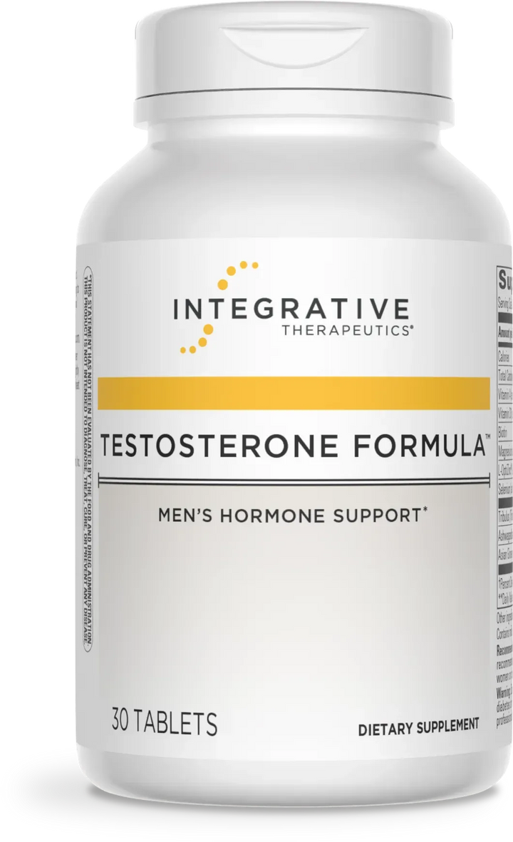 A white plastic bottle of Integrative Therapeutics Testosterone Formula dietary supplement, containing 30 tablets, shown on a clean white background.