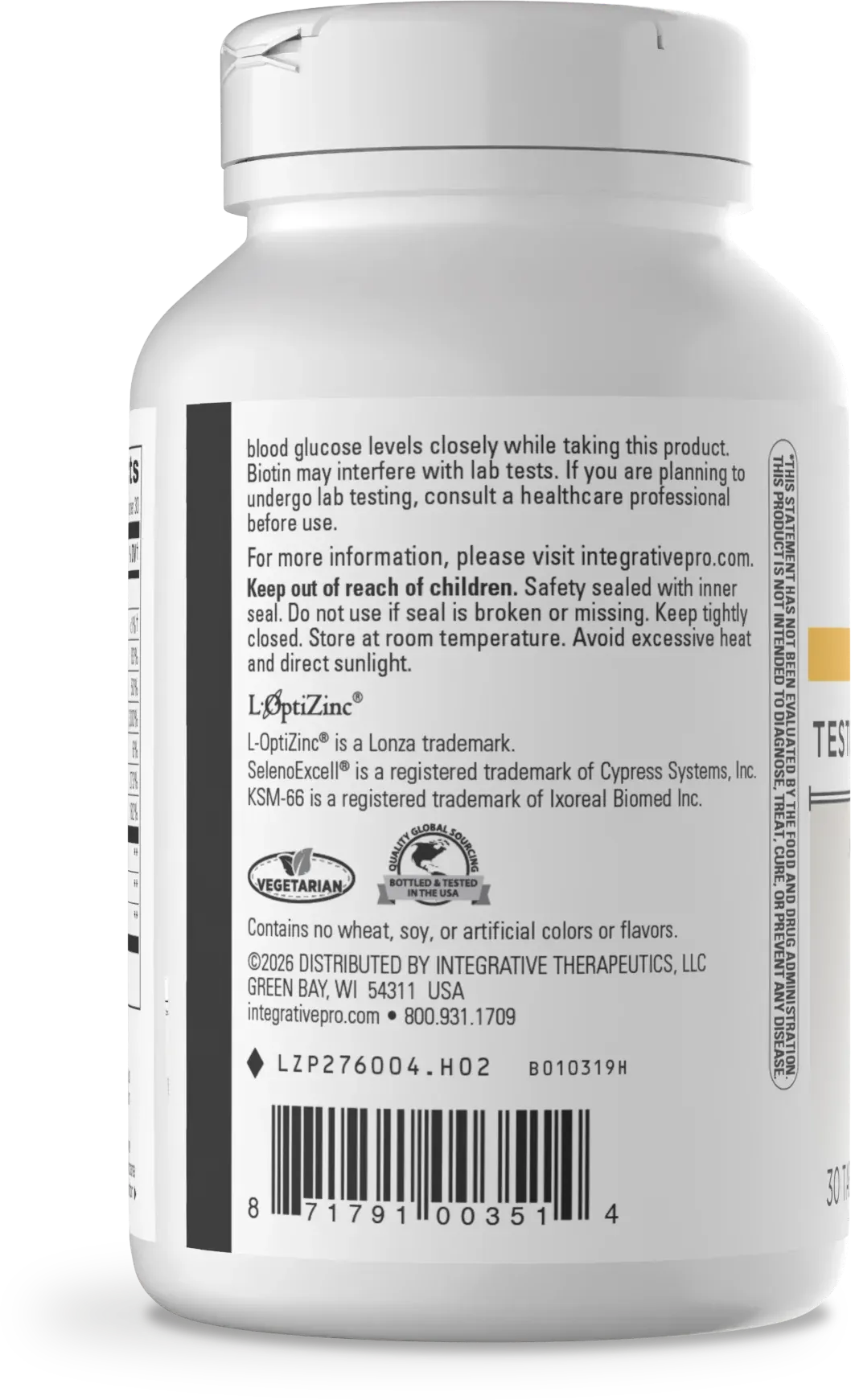 Close-up of the back of a white plastic supplement bottle showing printed text, a barcode, and product information on a white background.