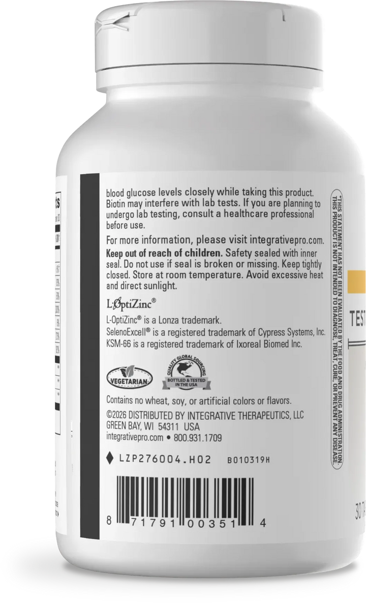 Close-up of the back of a white plastic supplement bottle showing printed text, a barcode, and product information on a white background.