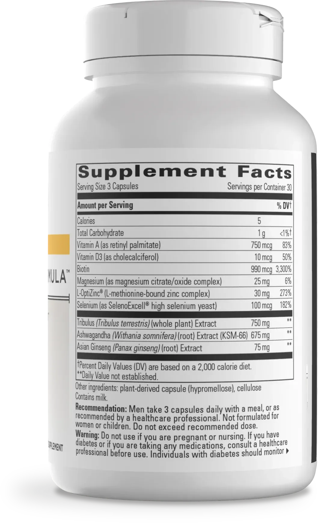 The back of a white supplement bottle showing the Supplement Facts label with a detailed nutrition table and usage recommendations.
