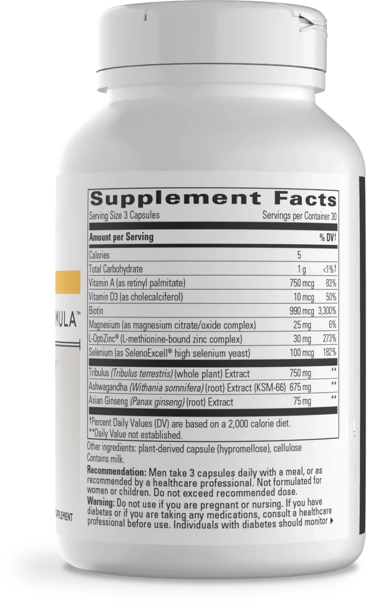 The back of a white supplement bottle showing the Supplement Facts label with a detailed nutrition table and usage recommendations.