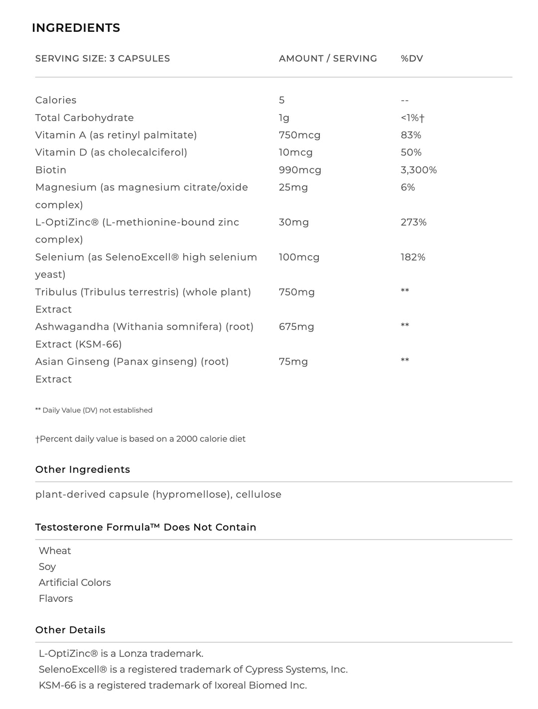 A white information panel with black text listing ingredients, serving size, calories, vitamins, selenium, l-Opti2nc, tribulus, ashwagandha, KSM-66 extract, and Asian Ginseng extract, plus a note that testosterone formula does not contain wheat, soy, artificial colors, or flavors.