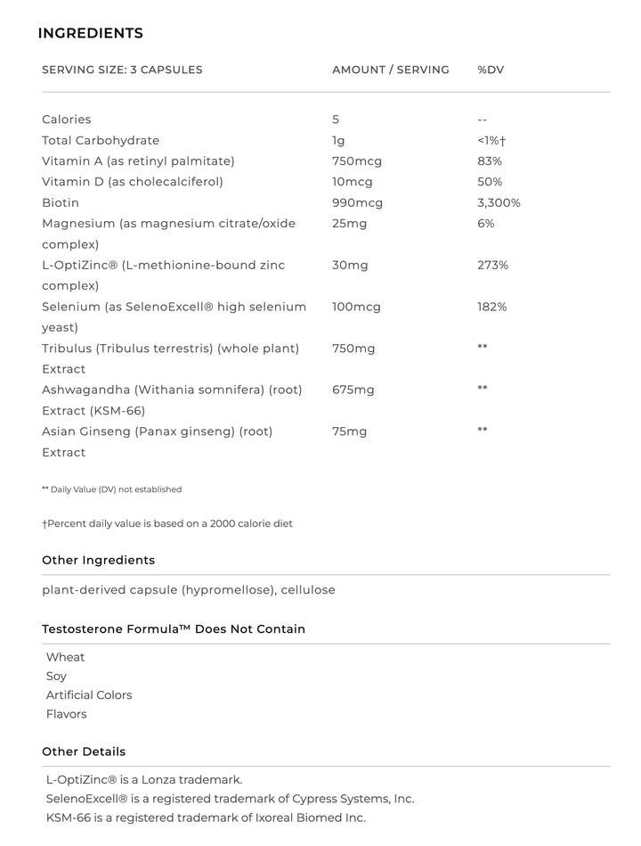 A white information panel with black text listing ingredients, serving size, calories, vitamins, selenium, l-Opti2nc, tribulus, ashwagandha, KSM-66 extract, and Asian Ginseng extract, plus a note that testosterone formula does not contain wheat, soy, artificial colors, or flavors.