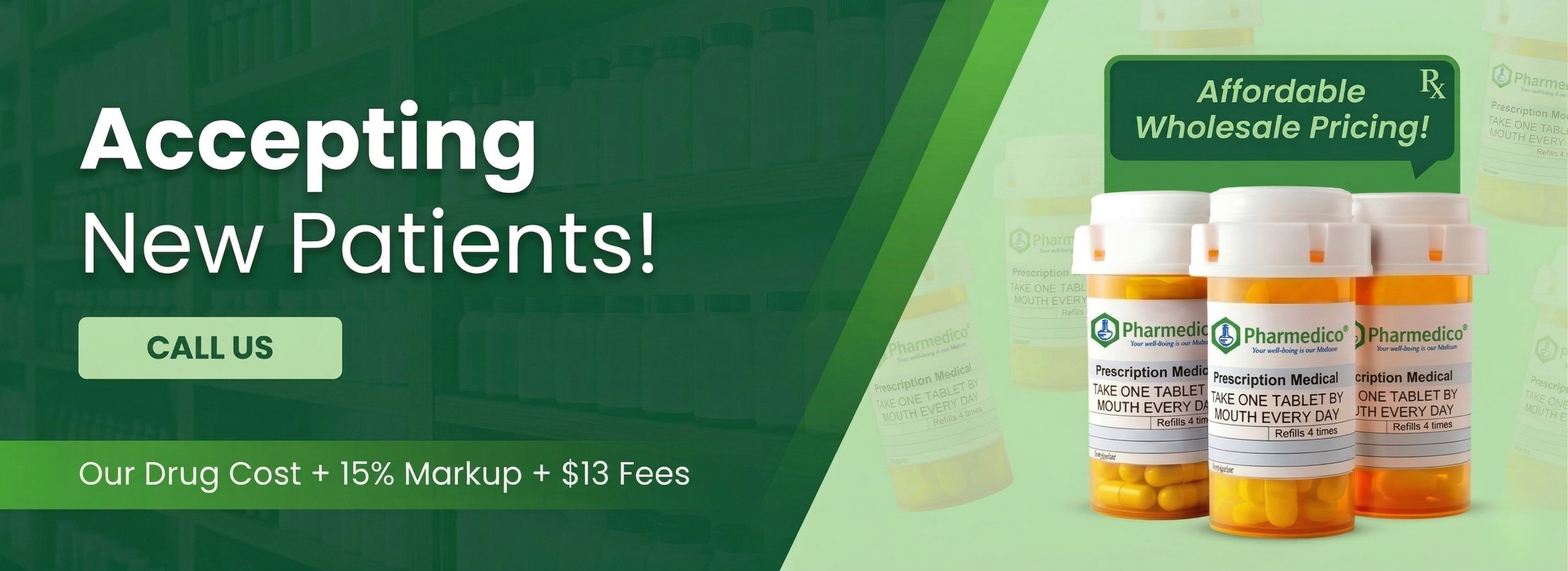 Promotional banner for a pharmacy accepting new patients with medication bottles displayed.