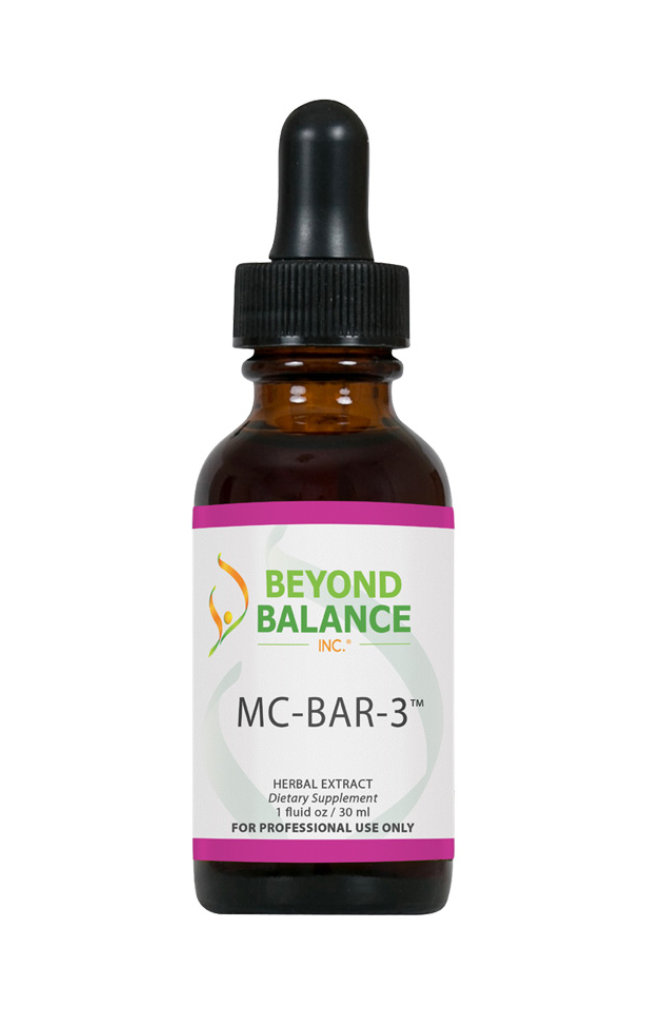 Beyond Balance MC-BAR-3 herbal extract liquid dietary supplement in a 1 fl oz amber glass dropper bottle.