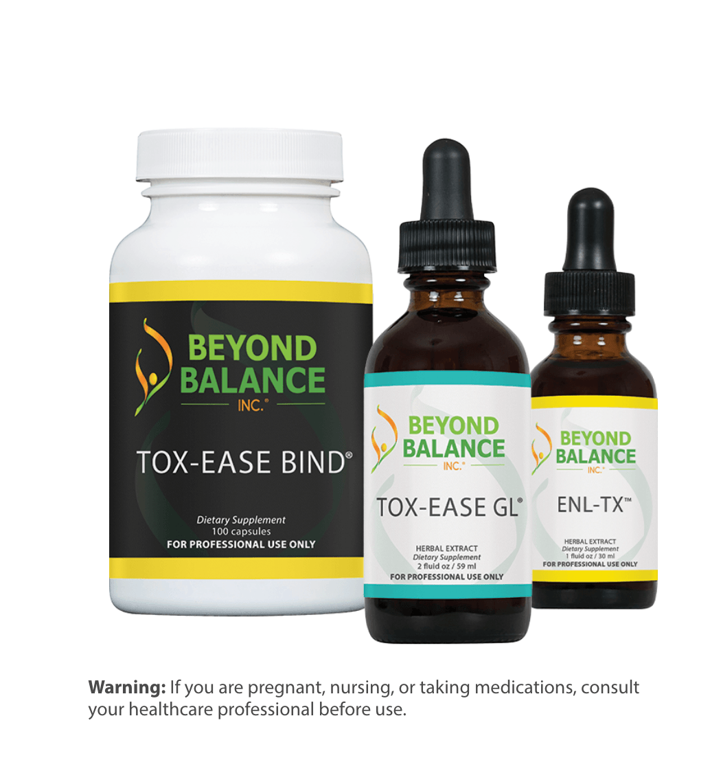 Beyond Balance supplement bundle featuring Tox-Ease Bind (100 capsules), Tox-Ease GL herbal extract (2 fl oz dropper bottle), and ENL-TX herbal extract (1 fl oz dropper bottle