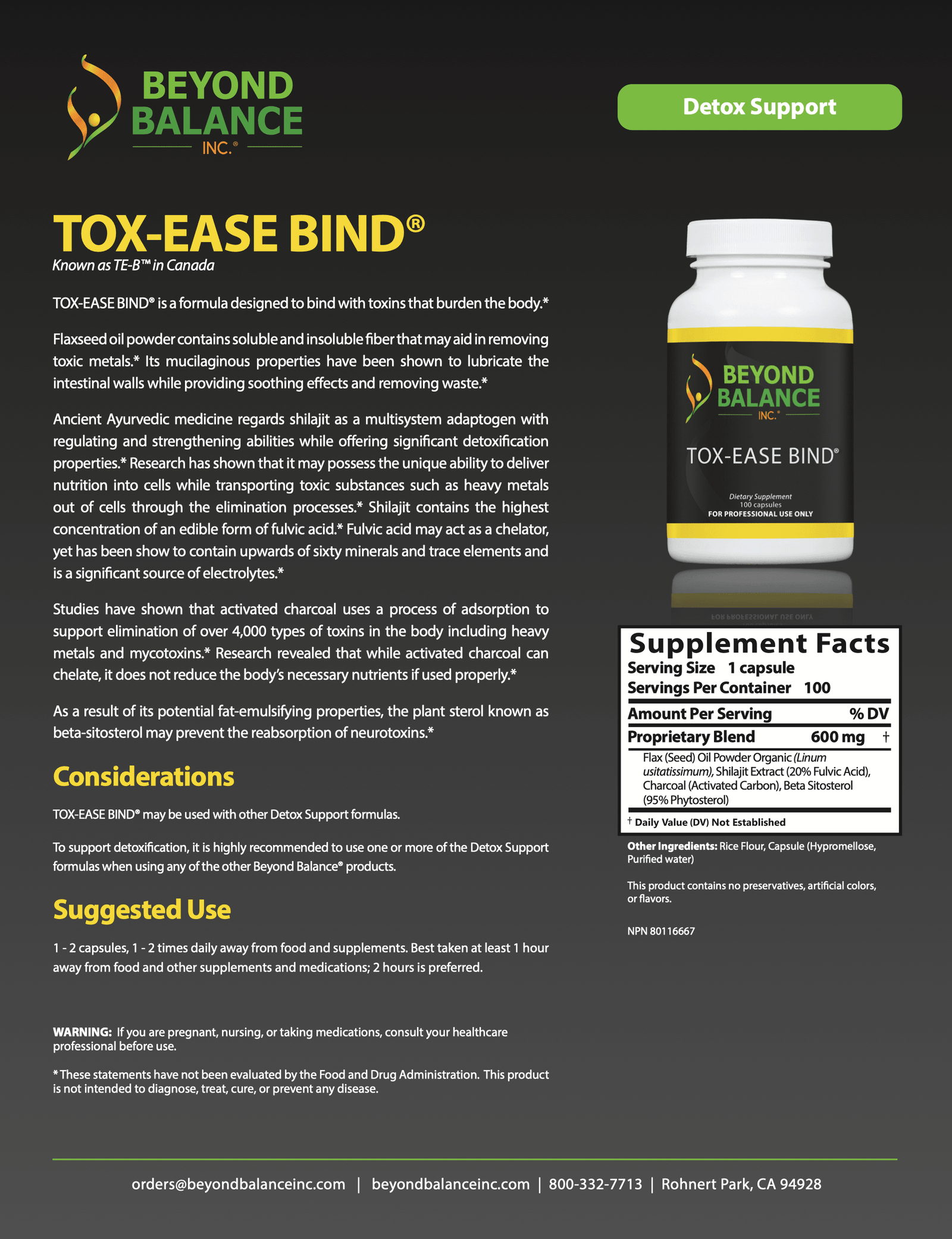 Beyond Balance Tox-Ease Bind product info sheet featuring product description, considerations, suggested use, bottle image, and Supplement Facts label detailing ingredients like flaxseed oil, shilajit, activated charcoal, and beta-sitosterol