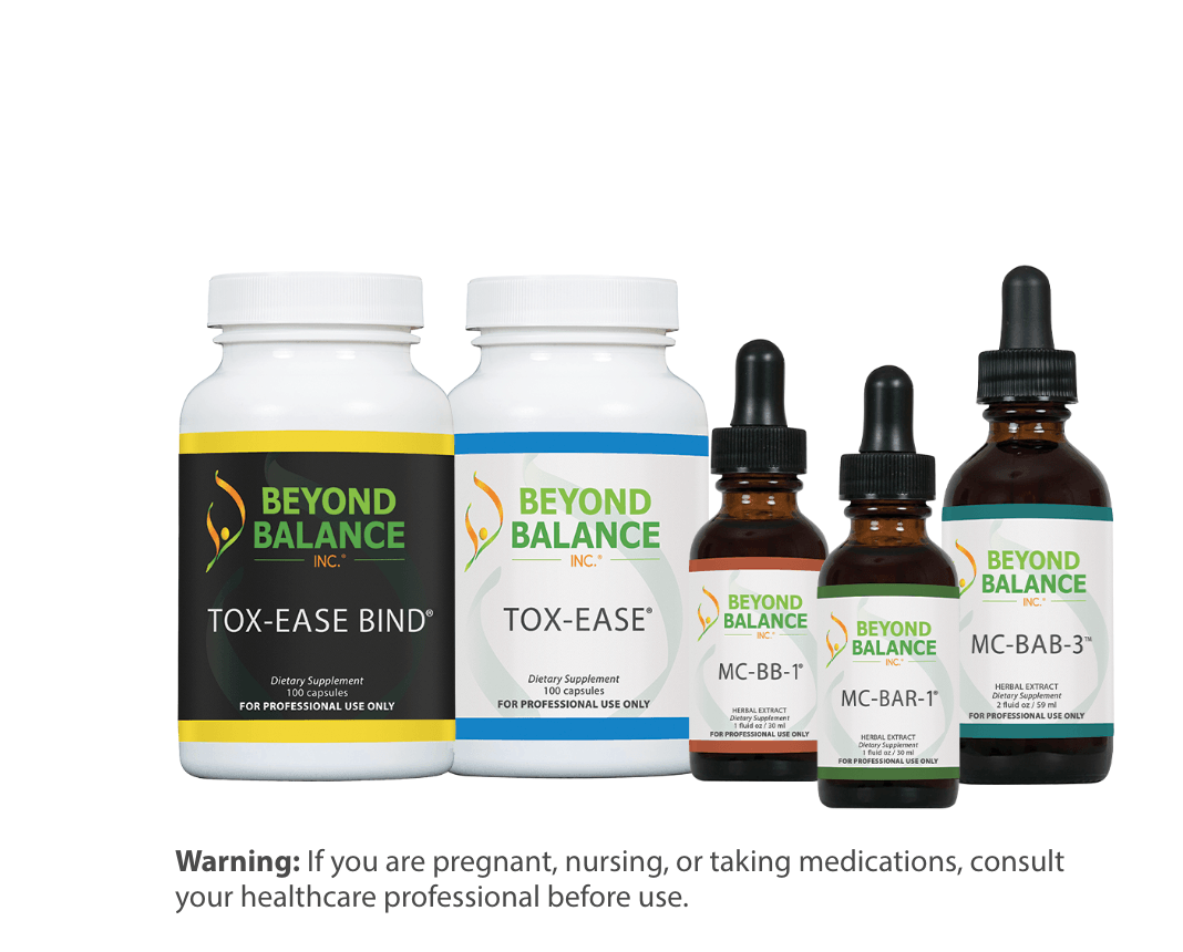 Beyond Balance supplement lineup featuring Tox-Ease Bind and Tox-Ease capsule bottles alongside MC-BB-1, MC-BAR-1, and MC-BAB-3 liquid herbal extract dropper bottles.
