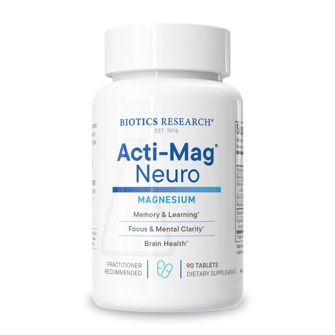 Biotics Research Acti-Mag Neuro magnesium dietary supplement bottle featuring white packaging with blue accents, practitioner recommended label, benefits including memory and learning, focus and mental clarity, and brain health, and a 90 tablets count.