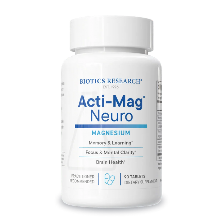 Biotics Research Acti-Mag Neuro magnesium dietary supplement bottle featuring white packaging with blue accents, practitioner recommended label, benefits including memory and learning, focus and mental clarity, and brain health, and a 90 tablets count.