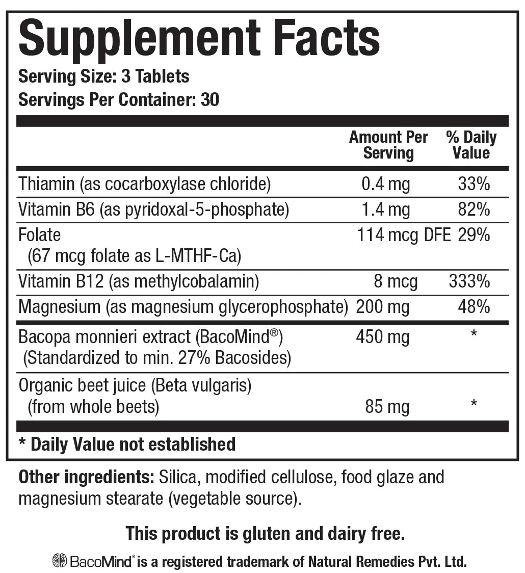 Supplement Facts label for Biotics Research Acti-Mag Neuro showing a serving size of 3 tablets with 30 servings per container, containing 200 mg of magnesium (as magnesium glycerophosphate), thiamin, vitamin B6, folate, vitamin B12, 450 mg of Bacopa monnieri extract (BacoMind) standardized to min. 27% bacosides, and organic beet juice.